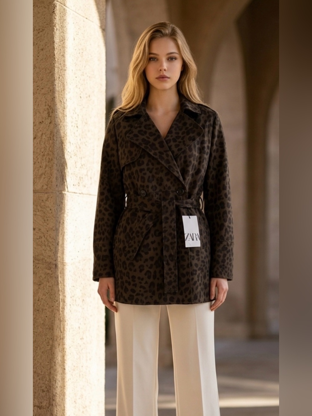 ZARA Brown Leopard Print Belted Trench Coat